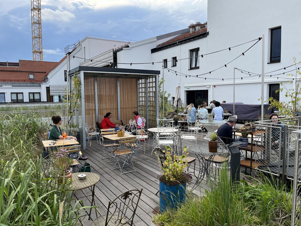 Der Blick auf die Ruby Rosi Dachterrasse: In der Ferne erkennt man die Zwiebelspitzen der Frauenkirche. Der Blick auf die Ruby Rosi Dachterrasse: In der Ferne erkennt man die Zwiebelspitzen der Frauenkirche.