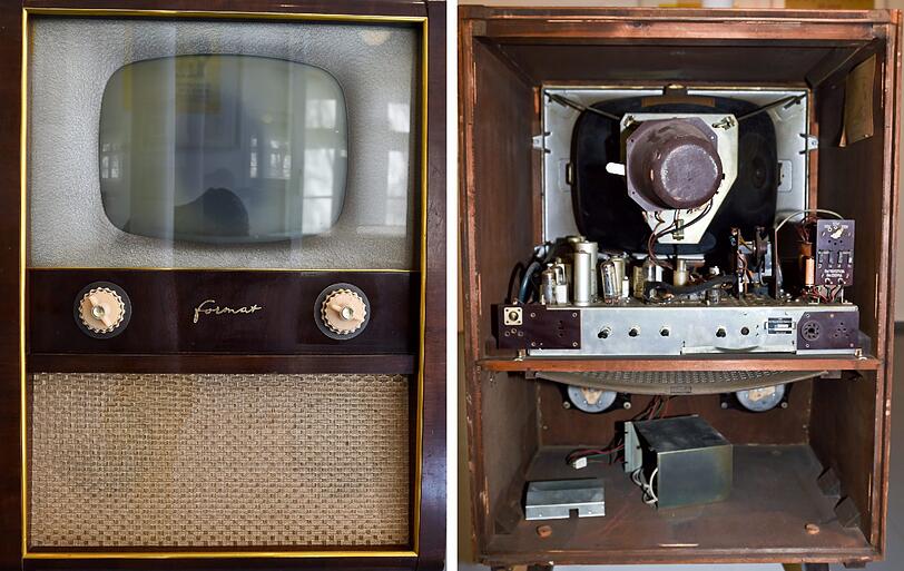 In der Ausstellung "5 aus 35" im Dokumentationszentrum Alltagskultur (DOK) der DDR in Eisenhüttenstadt (Brandenburg) ist die Vorderansicht und das Innenleben des Fernsehgerätes Format aus DDR-Zeiten zu sehen. "5 aus 35" - ehemaligen DDR-Bürgern dürfte diese Zahlen-Wort-Kombination noch gut bekannt sein vom Tele-Lotto.