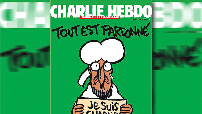 Mohammed auf dem Titelblatt: Das Cover der ersten Ausgabe con "Charlie Hebdo" nach dem Terror-Anschlag auf die Redaktion in Paris. Mohammed auf dem Titelblatt: Das Cover der ersten Ausgabe con "Charlie Hebdo" nach dem Terror-Anschlag auf die Redaktion in Paris.