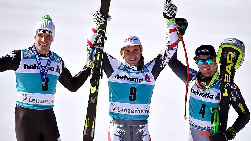 Die ersten Drei der Abfahrt in Lenzerheide: Matthias Mayer (m.), Christof Innerhofer (l.) und Ted Ligety (r.). Die ersten Drei der Abfahrt in Lenzerheide: Matthias Mayer (m.), Christof Innerhofer (l.) und Ted Ligety (r.).