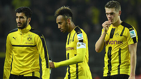 Auch in Lissabon wird's nicht leicht: Die Dortmunder Nuri Sahin, Pierre-Emerick Aubameyang und Matthias Ginter nach dem 1:1 gegen Hertha BSC.
