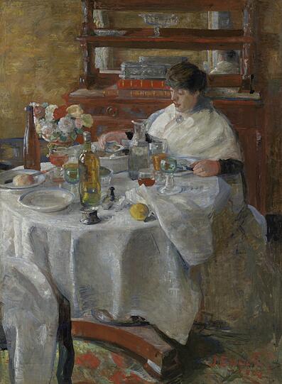 Im Großformat hat Ensor seine Schwester 1882 beim Austernessen porträtiert. Das Publikum fand's unangemessen.