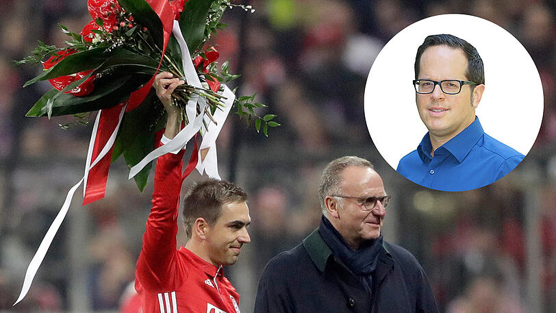 Philipp Lahm (l.) bekommt einen Blumenstrauss von Karlheinz Rummenigge für sein 500. Pflichtspiel. AZ-Bayern-Reporter Patrick Strasser äußert sich zu Lahms Abschied.