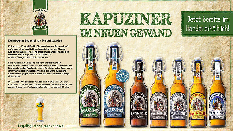 Die Kulmbacher Brauerei ruft ihr "Kapuziner Weißbier alkoholfrei" zurück. Die Kulmbacher Brauerei ruft ihr "Kapuziner Weißbier alkoholfrei" zurück.
