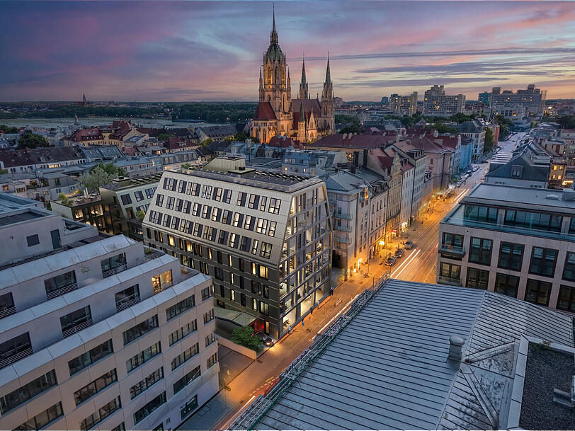 Mit Blick auf die Paulskirche: Das neue B&uuml;ro-Ensemble aus der Vogelperspektive.