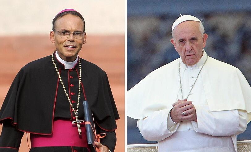 Die Kombo zeigt Bischof Franz-Peter Tebartz-van Elst (l, Aufnahme vom 30.08.2013) und Papst Franziskus (Aufnahme vom 23.04.2013). Der Limburger Bischof ist in Deutschland in die Kritik geraten, weil der Bau seiner Bischofsresidenz nicht wie veranschlagt 4 Millionen kosten wird, sondern mehr als 33 Millionen. Auch wurde ihm von den Gläubigen autoritärer Führungsstil vorgeworfen - und er soll gelogen haben. 
Nach tagelangem Warten trifft der umstrittene Limburger Bischof am 21.10.2013 endlich mit Papst Franziskus zusammen.