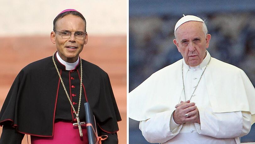 Die Kombo zeigt Bischof Franz-Peter Tebartz-van Elst (l, Aufnahme vom 30.08.2013) und Papst Franziskus (Aufnahme vom 23.04.2013). Der Limburger Bischof ist in Deutschland in die Kritik geraten, weil der Bau seiner Bischofsresidenz nicht wie veranschlagt 4 Millionen kosten wird, sondern mehr als 33 Millionen. Auch wurde ihm von den Gläubigen autoritärer Führungsstil vorgeworfen - und er soll gelogen haben.
Nach tagelangem Warten trifft der umstrittene Limburger Bischof am 21.10.2013 endlich mit Papst Franziskus zusammen. Die Kombo zeigt Bischof Franz-Peter Tebartz-van Elst (l, Aufnahme vom 30.08.2013) und Papst Franziskus (Aufnahme vom 23.04.2013). Der Limburger Bischof ist in Deutschland in die Kritik geraten, weil der Bau seiner Bischofsresidenz nicht wie veranschlagt 4 Millionen kosten wird, sondern mehr als 33 Millionen. Auch wurde ihm von den Gläubigen autoritärer Führungsstil vorgeworfen - und er soll gelogen haben.
Nach tagelangem Warten trifft der umstrittene Limburger Bischof am 21.10.2013 endlich mit Papst Franziskus zusammen.