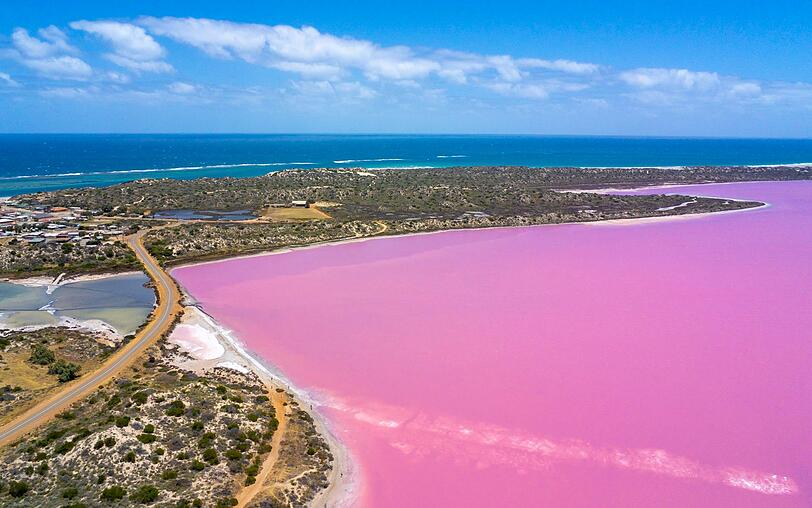 Im Westen Australiens liegt dieser außergewöhnliche Salzsee. Die Hutt Lagoon wird mit ihrer pinken Farbe zu einem beliebten Fotomotiv, nicht nur für Touristen, sondern auch Werbefotografen nutzen das Gewässer gerne als Kulisse ... Im Westen Australiens liegt dieser außergewöhnliche Salzsee. Die Hutt Lagoon wird mit ihrer pinken Farbe zu einem beliebten Fotomotiv, nicht nur für Touristen, sondern auch Werbefotografen nutzen das Gewässer gerne als Kulisse ...