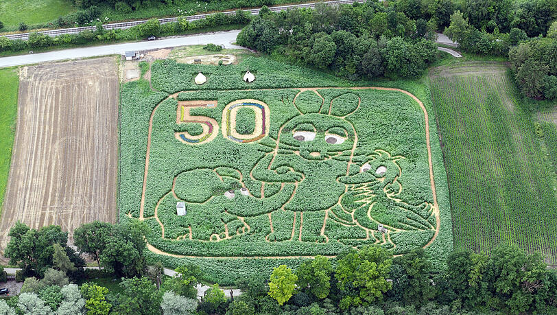 In der Nähe des Hafens vom Utting ist ein Labyrinth im Feld zu sehen, das ein Motiv zur «Sendung mit der Maus» zeigt. In der Nähe des Hafens vom Utting ist ein Labyrinth im Feld zu sehen, das ein Motiv zur «Sendung mit der Maus» zeigt.