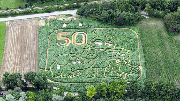 In der Nähe des Hafens vom Utting ist ein Labyrinth im Feld zu sehen, das ein Motiv zur «Sendung mit der Maus» zeigt.
