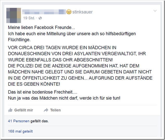 Flüchtlinge vergewaltigen ein Mädchen in Donaueschingen und schneiden ihr ein Ohr ab? Nein, eine dreiste Lüge, wie die Polizei bestätigt.