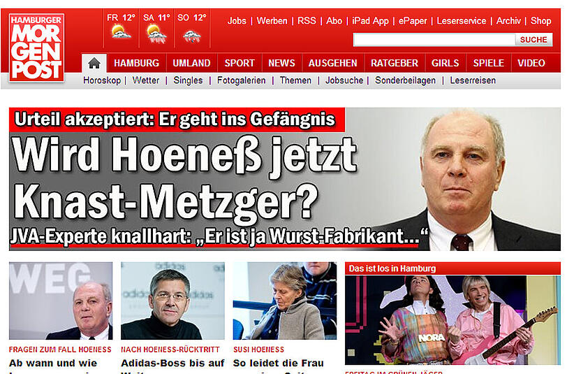 Die Mopo stellt zur Debatte, ob Hoeneß "Knast-Metzger" wird.