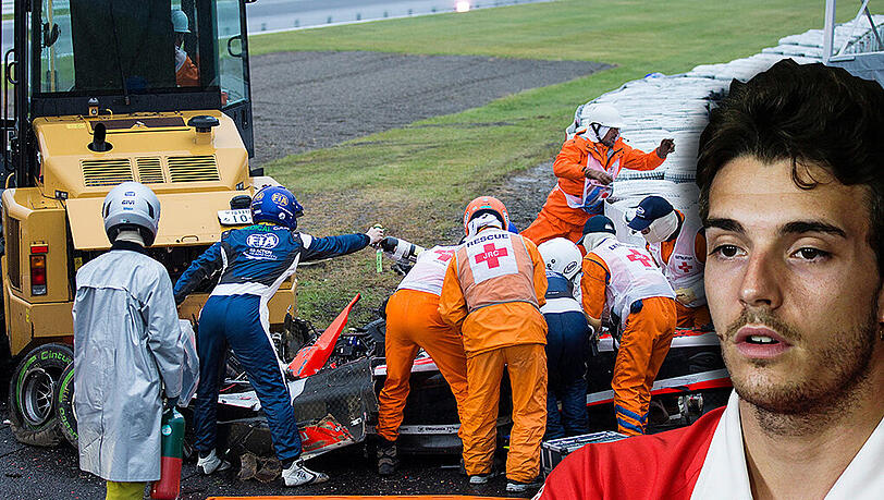 Jules Bianchi (r.) kämpft in einer Klinik um sein Leben. Bei dem Crash mit dem Bergungsbagger hat sich der 25-jährige Franzose schwere Verletzungen am Kopf zugezogen.