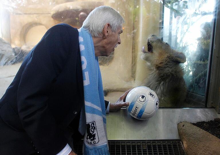 Zwei Löwen brüllen um die Wette: Dieter Schneider (l.) und ein neuer Bewohner des Tierparks Hellabrunn. Über seinen Namen sollen die Fans des TSV 1860 entscheiden.