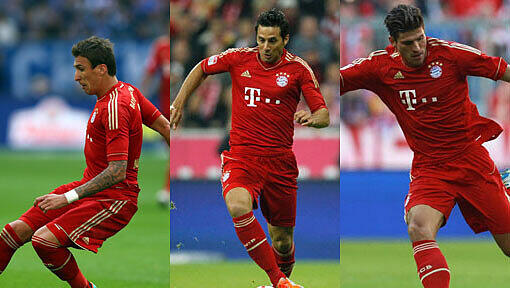 Bayerns flotter Dreier: Mario Mandzukic, Claudio Pizarro und Mario Gomez (v.l.) kämpfen im Sturm des FC Bayern um einen Platz. Bayerns flotter Dreier: Mario Mandzukic, Claudio Pizarro und Mario Gomez (v.l.) kämpfen im Sturm des FC Bayern um einen Platz.