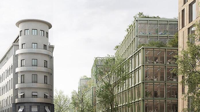 Einen siebengeschossigen Neubau (r.)  wollte die Signa an der Schützenstraße bauen. Stattdessen verwahrlost dort ein leerer Karstadt-Bau aus den 70ern.