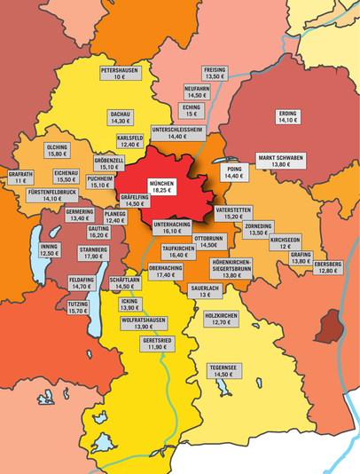Die Mietpreise pro Quadratmeter (im Bestand) in München und Umland: Je weiter weg von der Stadt, desto günstiger wird es - mit Ausnahmen. Die Mietpreise pro Quadratmeter (im Bestand) in München und Umland: Je weiter weg von der Stadt, desto günstiger wird es - mit Ausnahmen.