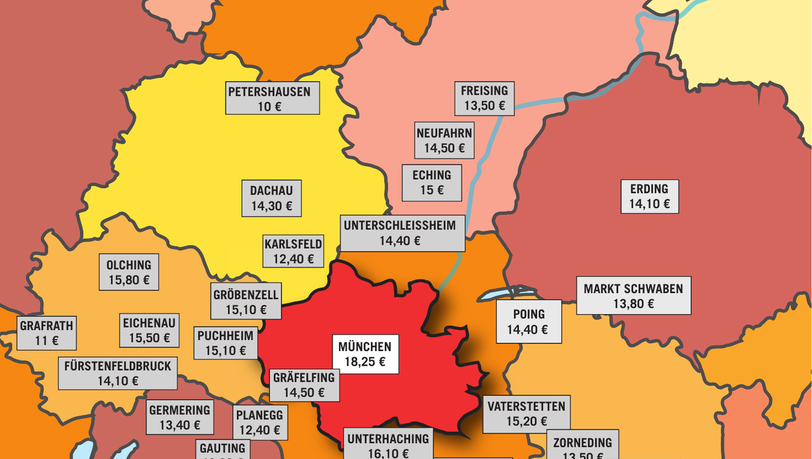 Die Mietpreise pro Quadratmeter (im Bestand) in München und Umland: Je weiter weg von der Stadt, desto günstiger wird es - mit Ausnahmen. Die Mietpreise pro Quadratmeter (im Bestand) in München und Umland: Je weiter weg von der Stadt, desto günstiger wird es - mit Ausnahmen.