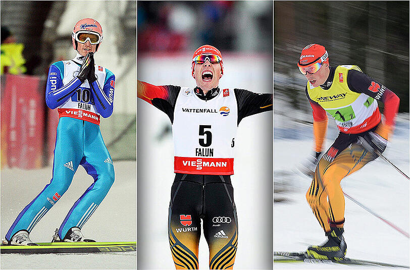 Das sind die deutschen Hoffnungsträger der verbleibenden WM-Zeit in Falun: Severin Freund, Johannes Rydzek und Erik Frenzel (v.l.).