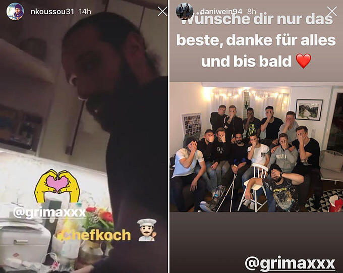 Links: Adriano Grimaldi kocht für seine Ex-Kollegen. Rechts: Das Abschiedsfoto mit Grimaldi-Torjubel.