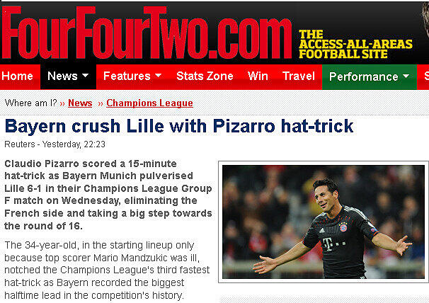 "Bayern schlägt Lille mit einem Pizarro-Hattrick", titelt das englische Magazin FOURFOURTWO auf seiner Website.