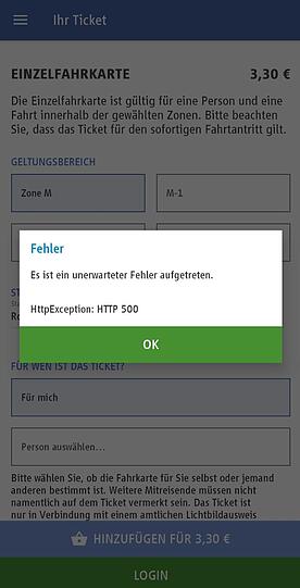 Wer am Samstag ein HandyTicket über die App MVG Fahrinfo München buchen wollte, bekam über Stunden diese Fehlermeldung zu sehen.