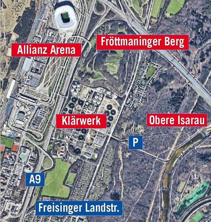 Um die Obere Isarau zu erkunden, kann man auf H&ouml;he des Kl&auml;rwerks von der Freisinger Landstra&szlig;e rechts abbiegen und dann gleich wieder links. Dort ist ein Parkplatz.