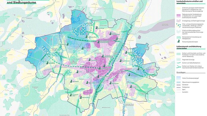 Gebiete in Dunkellila sind besonders dicht bebaut, also die Altstadt, Maxvorstadt, Schlachthofviertel, Haidhausen. Aber auch rund um die Bahntrassen im Osten und um den Euro-Industriepark ist es schon eng. Mehr Versiegelung soll es dort nicht geben.