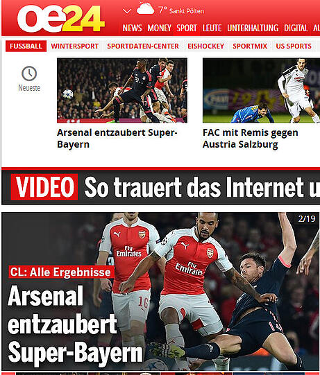 "Arsenal entzaubert die Super-Bayern", oe24.at.