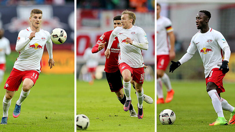 Herausragende Saison mit RB Leipzig: Torjäger Timo Werner, Passkönig Emil Forsberg und Mittelfeld-Boss Naby Keita (v.l.).