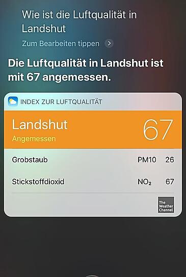 Siri sagt, die Luftqualität in Landshut ist angemessen.
