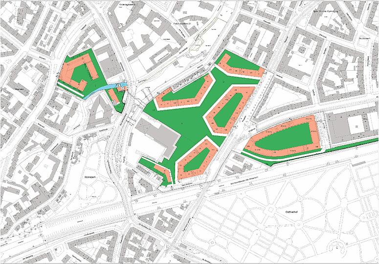 Viel Grün: Trotz dichter Bebauung wird es in den drei neu zu bebauenden Teilbereichen der alten Paulaner-Brauerei (v. l.) Falken-, Reger- und Welfenstraße viele Grünflächen geben. Und der Auer Mühlbach darf weiter plätschern. Die geplanten Wohnhäuser sind orange gekennzeichnet.
