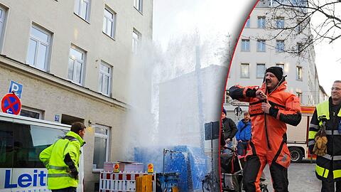 Eine acht Meter hohe Wasserfontäne schießt aus einer Großbaustelle an der Fraunhofer Straße