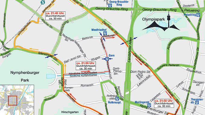 Die Strecke der AOK Blade Night am 11. Mai 2015 durch Nymphenburg.