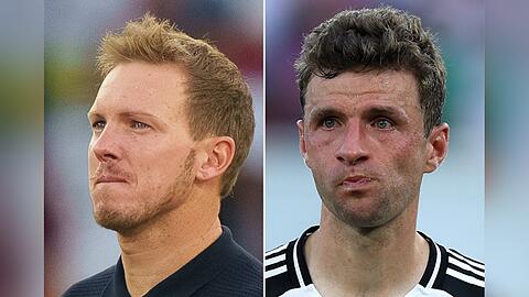 Bundestrainer Julian Nagelsmann (li.) und Thomas Müller sind sichtlich enttäuscht.
