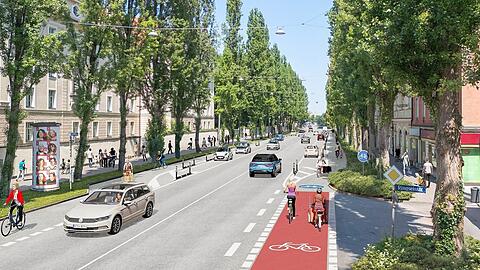 Finden Sie den Fehler in diesem Bild? Auf der linken Seite zeigt diese Visualisierung der Stadt noch Schutzelemente, die Radler vor den Autos abschirmen. Allerdings kommen die stadtauswärts zwischen Sendlinger Tor und Ziemssenstraße nicht. 	Visualisierung: LHM