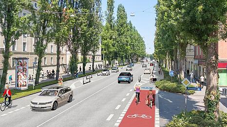 Finden Sie den Fehler in diesem Bild? Auf der linken Seite zeigt diese Visualisierung der Stadt noch Schutzelemente, die Radler vor den Autos abschirmen. Allerdings kommen die stadtauswärts zwischen Sendlinger Tor und Ziemssenstraße nicht. 	Visualisierung: LHM