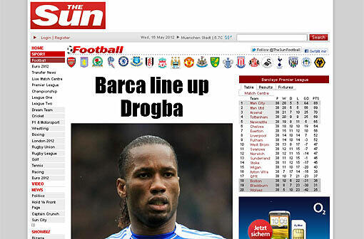 The Sun schreibt über ein heißes Transfergerücht - angeblich will der FC Barcelona Chelseas Stürmer Didier Drogba verpflichten.