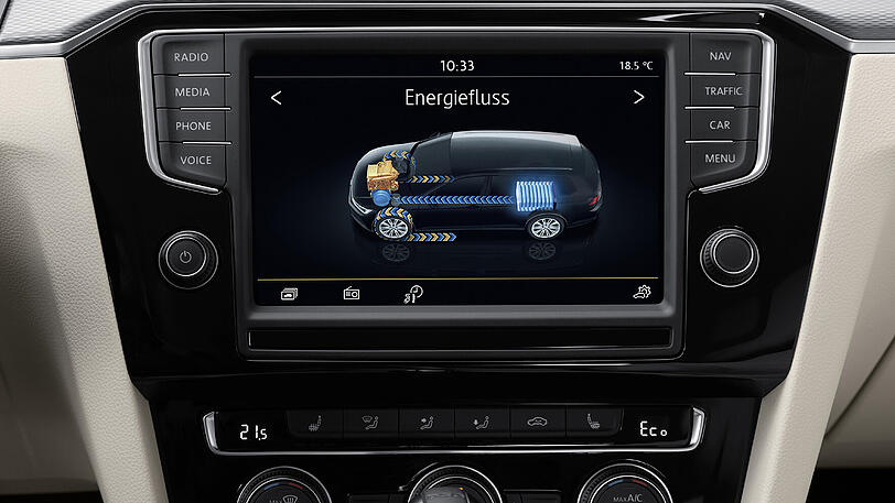 Auf dem großen Touchscreen in der Mittelkonsole kann der Fahrer die aktuelle Arbeitsweise des Hybridantriebs ablesen.