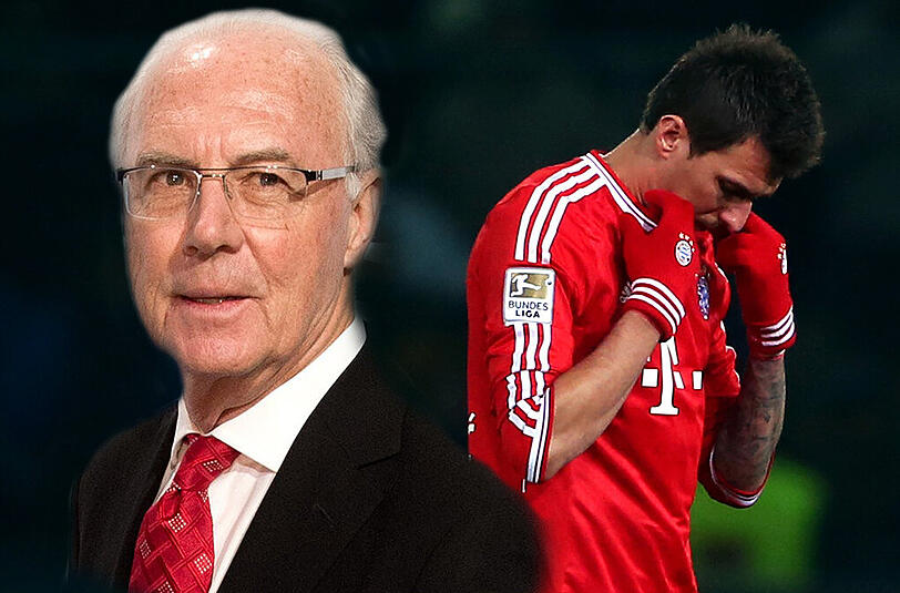 Ehrenpräsident Franz Beckenbauer macht sich über den FC Bayern (hier Stürmer Mario Mandzukic) lustig.