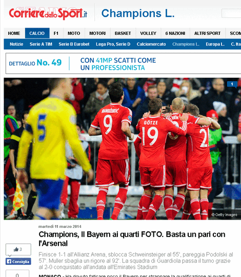 Der "Corriere dello Sport" schreibt: Die Champions, der FC Bayern sind weiter. Ihnen reicht ein Unentschieden gegen Arsenal.