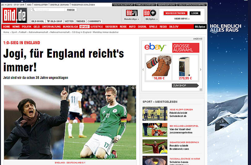 Die Bild ist begeistert von der beeindruckenden DFB-Bilanz in Wembley: Seit 38 Jahren ungeschlagen!