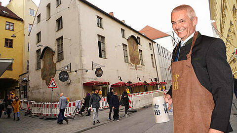 Premium-Lage in der Münchner Innenstadt: Das Haus in der Ledererstraße/Sparkassenstraße steht unter Denkmalschutz und wird Anfang 2020 unter
besonderen Auflagen kernsaniert. Hofbräu-Chef Michael Möller (kl. Bild) plant hier ein bayerisches Wirtshaus.