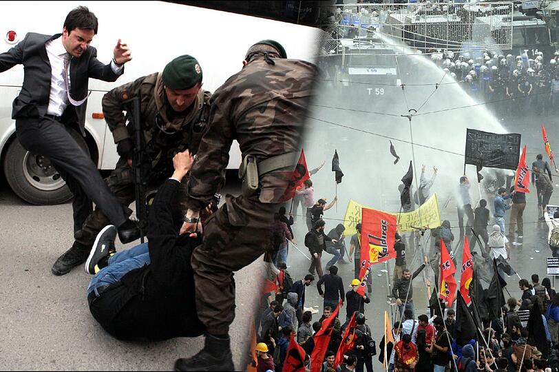 Tritte und Wasserwerfer gegen Demonstranten: Yusuf Yerkel (linkes Bild), ein Berater des türkischen Premiers Erdogan, tritt einen am Boden liegenden Demonstranten.