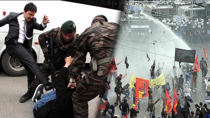 Tritte und Wasserwerfer gegen Demonstranten: Yusuf Yerkel (linkes Bild), ein Berater des türkischen Premiers Erdogan, tritt einen am Boden liegenden Demonstranten. Tritte und Wasserwerfer gegen Demonstranten: Yusuf Yerkel (linkes Bild), ein Berater des türkischen Premiers Erdogan, tritt einen am Boden liegenden Demonstranten.