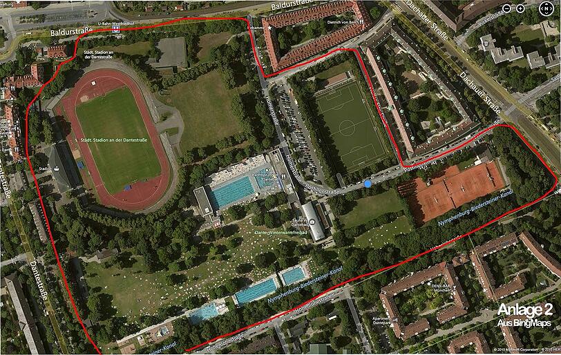 Das Sportareal um das Dantebad mit den betroffenen Tennisplätzen. Foto: Bing Maps