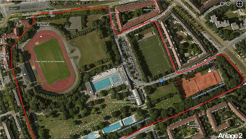Das Sportareal um das Dantebad mit den betroffenen Tennisplätzen. Foto: Bing Maps Das Sportareal um das Dantebad mit den betroffenen Tennisplätzen. Foto: Bing Maps