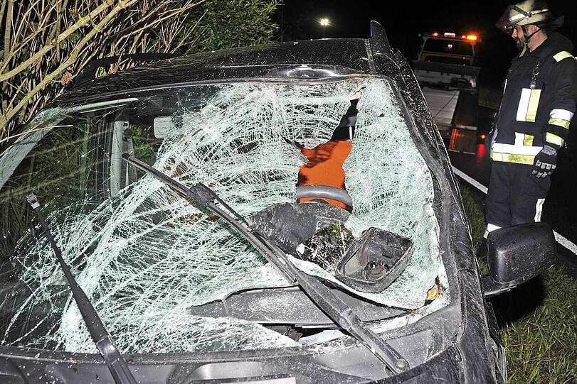 Nach der Kolision: Das Auto kam demoliert in einem Gebüsch neben der Straße zum Stehen.