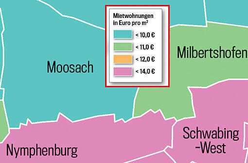 So teuer ist Wohnen in München! Die Münchner Stadtviertel sind in dieser Grafik je nach Quadratmeterpreis eingefärbt. Klicken Sie einfach durch die Quartiere.