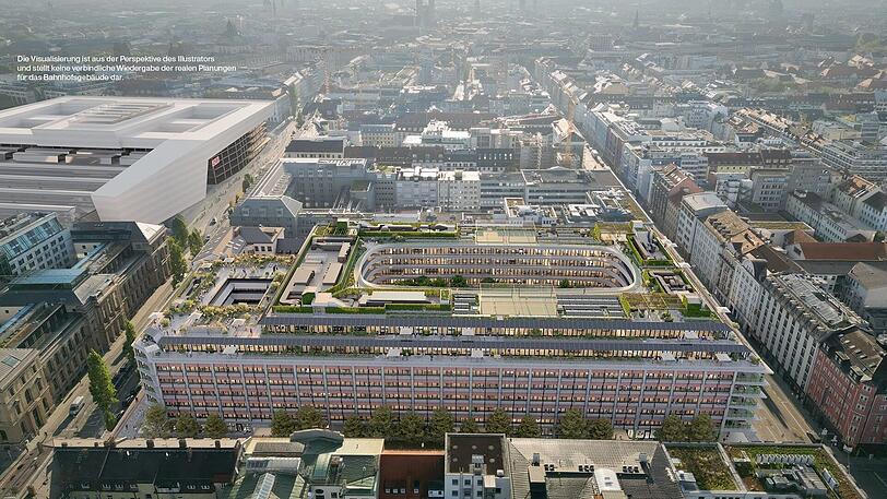 2027 soll der Bau samt Dachlandschaft fertig sein. Auf dieser Visualisierung ist auch der neue Hauptbahnhof (l.) bereits fertig.